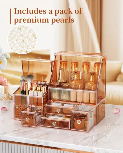 Miniatura 4 de Youdepot Caja de exhibición de maquillaje de vidrio para tocador y encimera de baño – Gran estuche de exhibición de cosméticos y solución