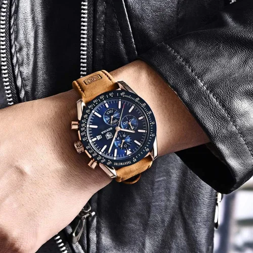Miniatura 6 de BENYAR - Relojes de cuarzo para hombre cronógrafo de lujo impermeables a la moda de cuero marrón para hombre