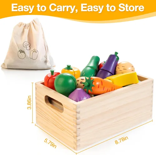 Miniatura 6 de Juego de alimentos de madera para la cocina de los niños Juego de alimentos de juguete para cortar verduras y frutas con estuche de almacenamiento