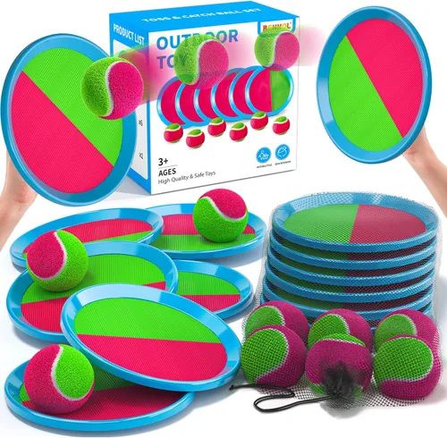 Miniatura 7 de Juego de lanzar y atrapar pelotas Bennol para niños, 4 paletas, 4 pelotas y bolsa de almacenamiento, juguetes al aire libre para edades 3-10