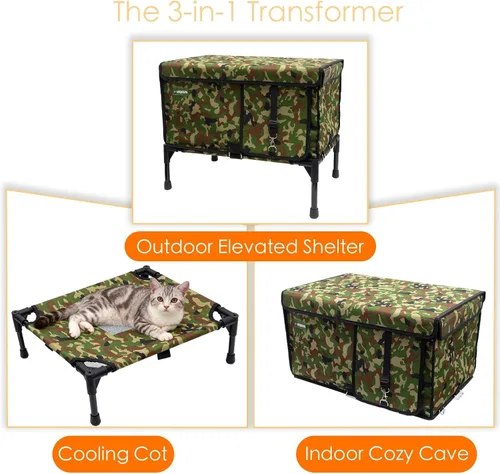 Miniatura 5 de Casa para gatos al aire libre, resistente a la intemperie, con dosel, refugio exterior para gatos, cubierta de techo y soporte elevado, casa