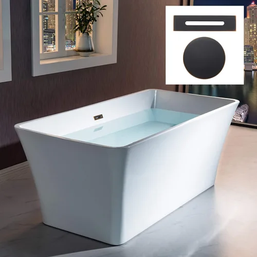 Miniatura 12 de WOODBRIDGE Bañera de acrílico independiente de 67 pulgadas, bañera blanca de remojo contemporáneo con desbordamiento y drenaje de oro cepillado