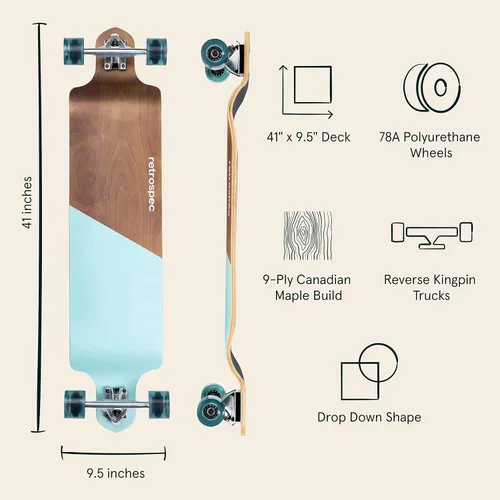 Miniatura 2 de Retrospec Tidal Drop Down Longboard - 41" Extra Wide Stable Deck, 9-Ply Canadian Maple, ABEC-9 Bearings, 85A PU Wheels, Reverse Kingpin Trucks for