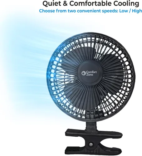 Miniatura 8 de Comfort Zone Ventilador portátil con clip para cochecito, de 15 cm con inclinación totalmente ajustable, silencioso de 2 velocidades para cama, mini