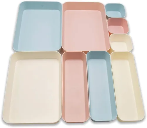 Juego de 9 organizadores de cajones de escritorio de plástico de gran tamaño para maquillaje, baño, oficina, cocina, tres colores