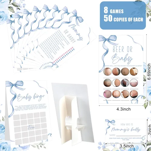 Miniatura 2 de Honoson Juego de 279 piezas de juegos de baby shower con lazo azul para 50 invitados, 8 juegos incluyen Adivina mamá o papá, revuelto de palabras