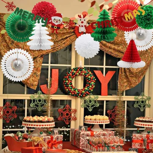 Miniatura 5 de Cartel y pompones de Feliz Navidad, abanicos de papel y faroles para Navidad, decoración de fiestas para Navidad, suministros de fiesta de Año Nuevo