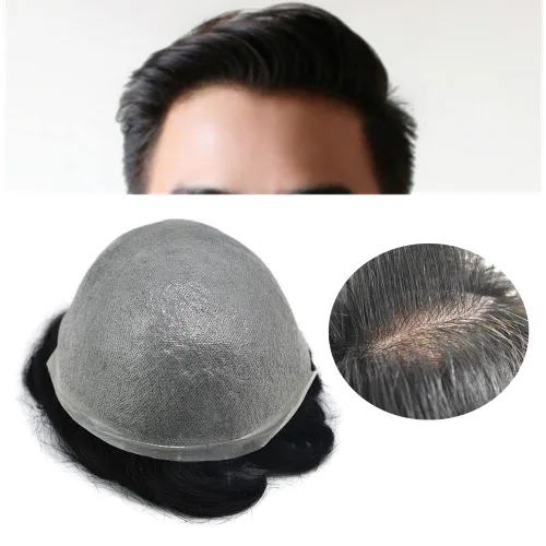 Miniatura 18 de Toupee para hombres, piel ultra fina, 0.002 in, base de poli completa, bucle en V, suave, sistema de reemplazo de cabello humano, pelucas para #1