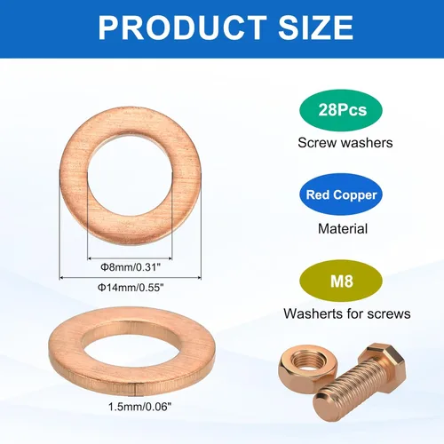 Miniatura 2 de MECCANIXITY 28Pcs Arandela Plana, Kit de Arandelas de Cobre M8, Anillo de Sellado de Cobre, Arandela de Aplastamiento, Surtido, 8mm ID, 14mm OD