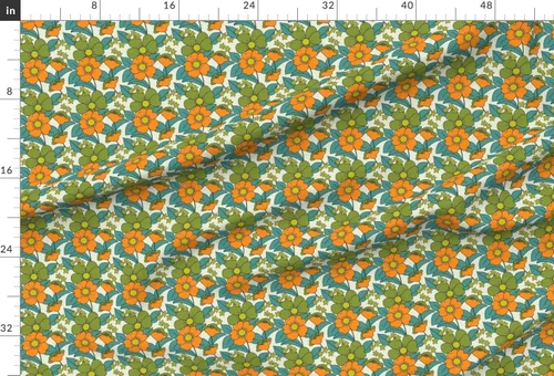 Miniatura 2 de Spoonflower Tela – 70S floral naranja retro divertido hippie medio verde oliva verde azulado vintage impreso en tela de gasa cuarto gordo – costura