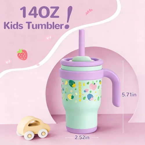 Miniatura 4 de KXIAOCHEN Vaso para niños de 14 onzas con asa para evitar derrames, vaso aislado reutilizable de acero inoxidable para niños pequeños, mantiene