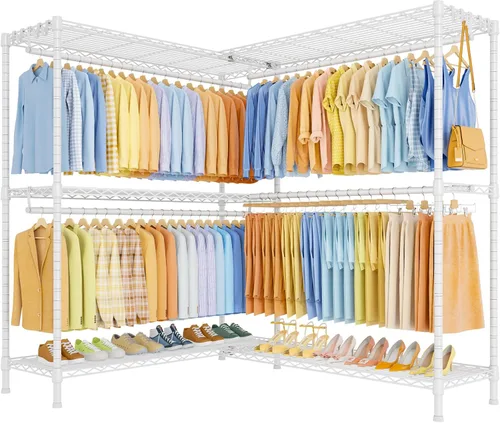 Miniatura 15 de ULIFHOME E15 - Perchero en forma de L para esquina, perchero independiente para colgar ropa, organizador de armario resistente con 4 varillas