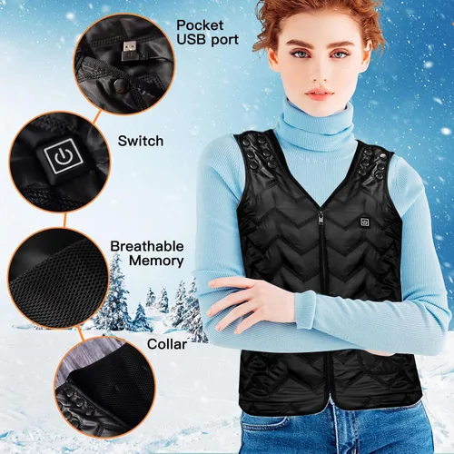 Miniatura 5 de Chaleco térmico para hombres y mujeres, con carga USB, tamaño ajustable para cazasenderismo, chalecos cálidos de invierno, Negro