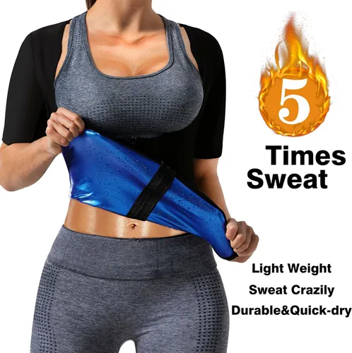 Miniatura 2 de Camiseta sauna para mujer, camiseta reductora y moldeadora de manga corta para entrenamiento y ejercicio Forro azul-02