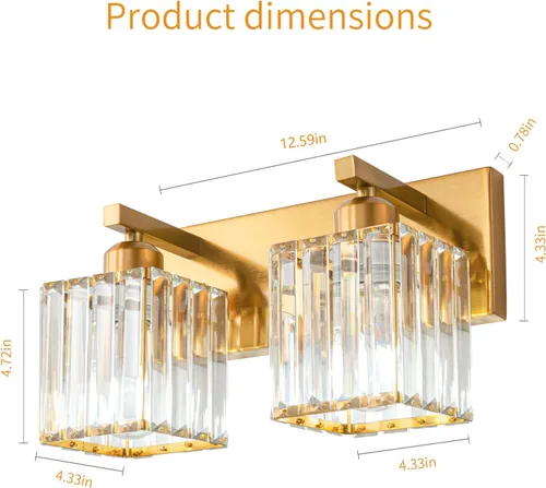Miniatura 6 de Lámpara de cristal de pared moderna de latón cepillado dorado con 2 luces para tocador de baño Oro Recto