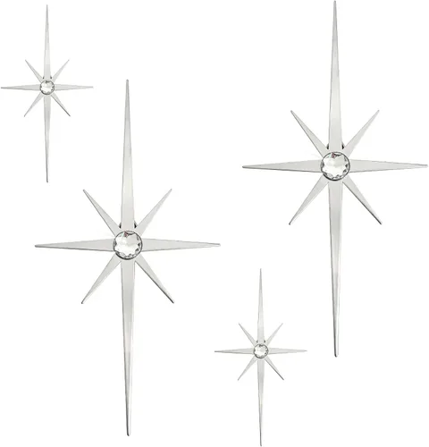 4 piezas de escultura de pared de arte de estrella de metal de 8 puntas Estrella estallada Decoración de pared de mediados de siglo Diamantes Plata