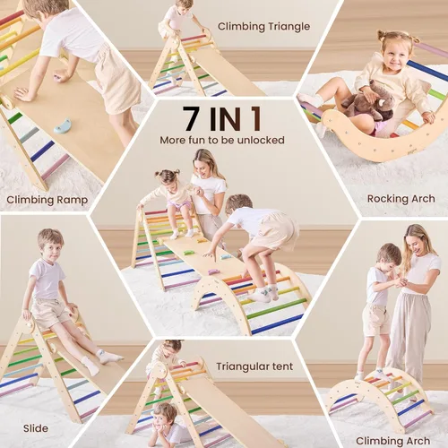 Miniatura 2 de Belleur Set de Triángulo Pikler, Juguetes de Escalada Plegables 7 en 1 para Niños Pequeños de 1-6 Años, Set de Escalada Montessori de Madera