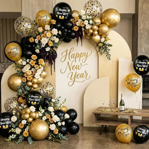 Miniatura 6 de Globos de Feliz Año Nuevo, 50 PCS 12 Pulgadas 2026 Globos Negro Dorado, Globos de Confeti Impresos de Año Nuevo para Decoraciones de Fiesta 2026