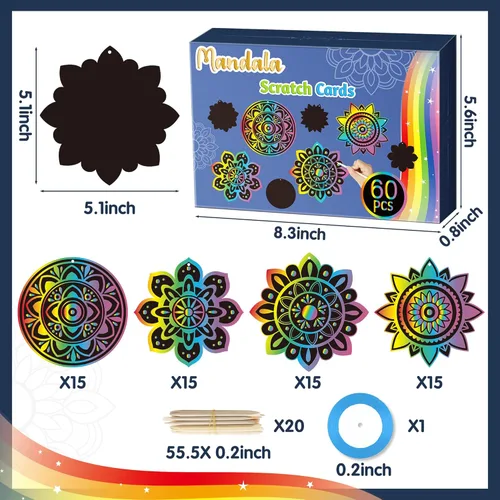 Miniatura 2 de BeYumi Diwali - Juego de 60 tarjetas para rascar con mandala, para niños, para manualidades, papel mágico para rascar, para colgar, adornos florales
