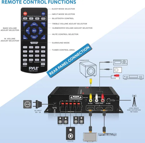 Miniatura 3 de Pyle - Amplificador de audio inalámbrico Bluetooth casero - Receptor estéreo de potencia de 100 W de 5 canales para cine en casa, sonido envolvente
