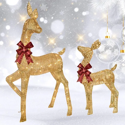 Miniatura 8 de 2 piezas de ciervos de Navidad grandes iluminados, decoración de patio de HOYECHI al aire libre, reno de ratán con 85 luces LED, estacas, lazos