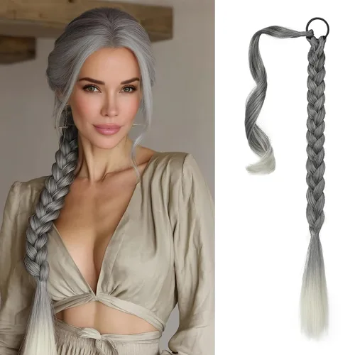 Miniatura 35 de Sofeiyan Extensión de cola de caballo de trenza larga con banda para el cabello, lacio, elegante, envolvente, extensiones de cabello trenzado, cola