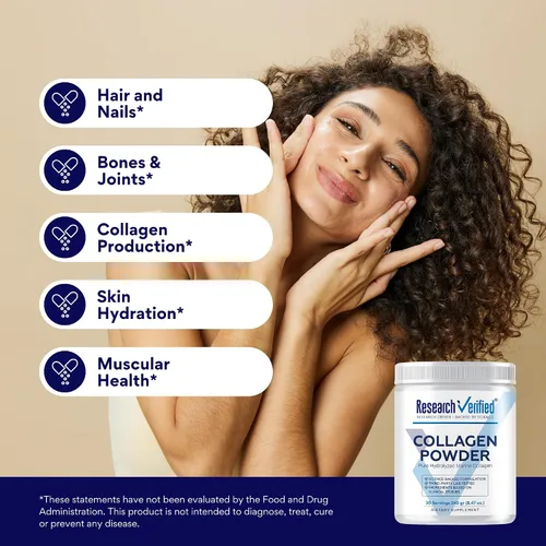 Miniatura 3 de Research Verified® Colágeno en polvo, péptidos de colágeno marinos hidrolizados, sin sabor, hidratación y elasticidad de la piel, recuperación