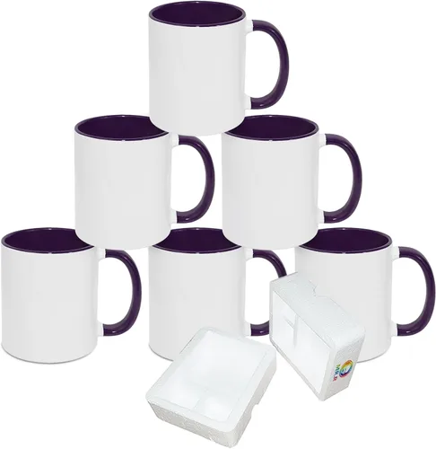 MR.R Tazas de café en blanco de sublimación de 11 onzas, taza blanca con taza de color morado interior y asa, juego de 6 Púrpura