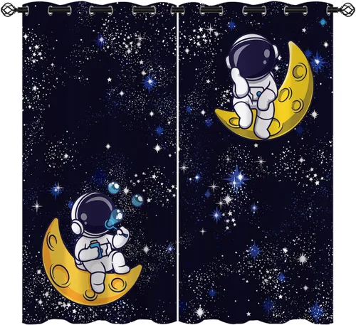 Miniatura 13 de Cortinas opacas con diseño de cohetes de dibujos animados para niñas y niños, decoración del hogar, aventura en el espacio, galaxia, planetas, azul