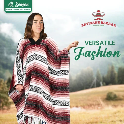 Miniatura 4 de Artisans Bazaar Poncho tradicional mexicano de Baja para hombres y mujeres, auténtico sarape de Gaban, manta de vaquero Pancho Jorongo