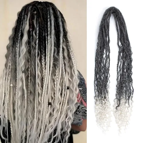 Miniatura 10 de Extensiones de rastas trenzadas bohemias de 24 pulgadas, 10 hebras de rastas sintéticas rizadas color marrón degradado con trenza de caja, rastas
