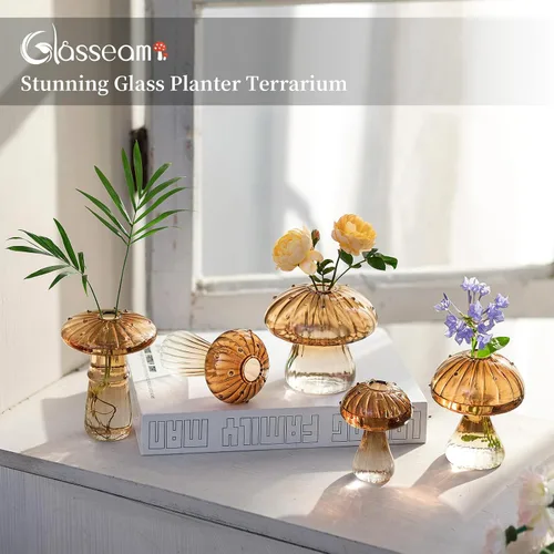 Miniatura 3 de Glasseam Jarrón de Seta de Cristal Ámbar: Lindo Juego de Jarrones Pequeños para Flores de 5 Jarrones Únicos Mini para Capullos para Centros de Mesa