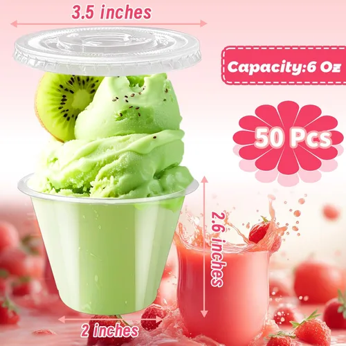 Miniatura 2 de Szsrcywd Paquete de 50 vasos de plástico de 6 onzas con tapas planas, vasos de postre desechables transparentes, recipientes de fiesta a prueba