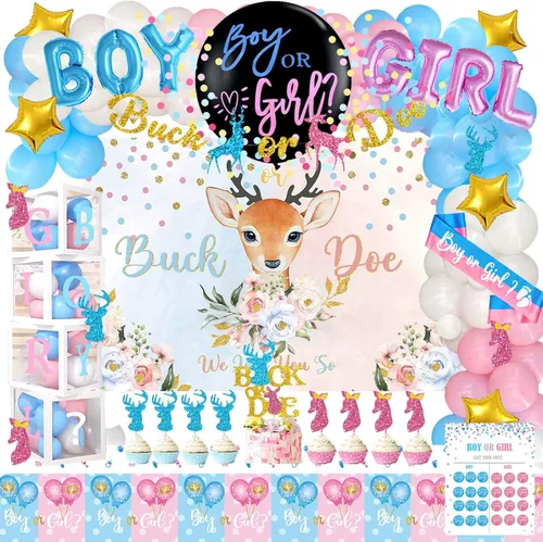 Miniatura 14 de Hombae - 170 piezas de decoraciones para revelación de género “cajas de bebé”, con fondo, guirnalda de globos, pancarta, mantel