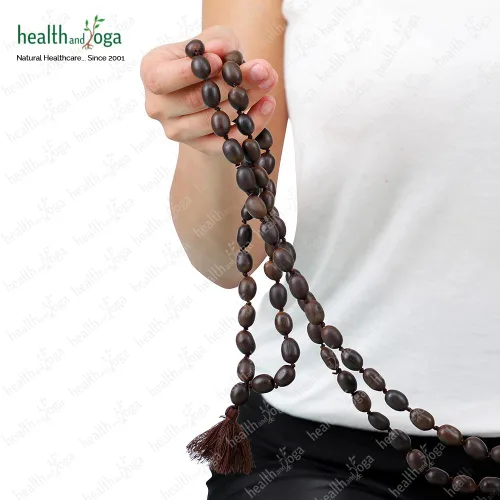 Miniatura 8 de HealthAndYoga™ Cuentas de loto Mala con bolsa de terciopelo (cuerda de 33.9 in, 108+1 semillas) – Oración, meditación, equilibrio de chakras