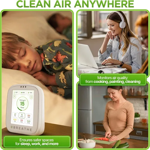 Miniatura 6 de BREATHE Airmonitor Plus: Monitor inteligente de calidad del aire para interiores - Medidor de CO2 8 en 1, detector de formaldehído, medidor de COV