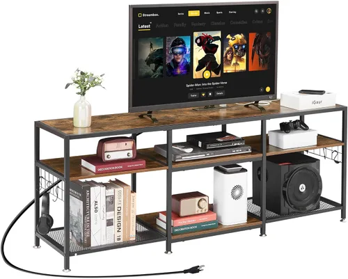 Miniatura 10 de VECELO Soporte de TV de 63 pulgadas con tomas de corriente para televisión de 55/60/65/70 pulgadas, centro de entretenimiento con estantes