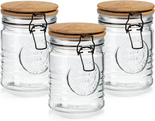 Miniatura 6 de kitchentoolz Tarros de almacenamiento de vidrio con tapas herméticas, juego de 3 recipientes de almacenamiento Mason para cereales, café y arroz