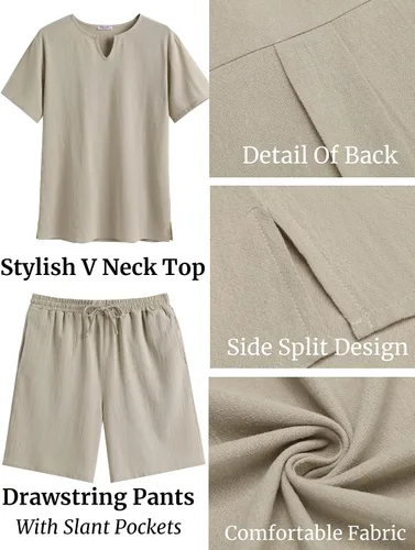 Miniatura 5 de COOFANDY Conjunto de 2 piezas de algodón y lino para hombre, camisa Henley de manga corta y pantalones cortos casuales de playa, trajes de yoga