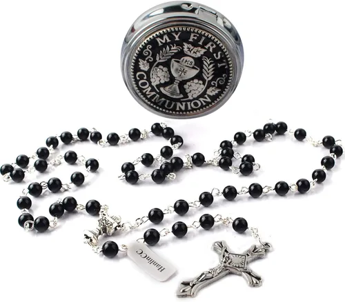 Miniatura 3 de HanlinCC - Rosario para primera comunión de 6 mm con centro de cáliz, perlas de cristal y crucifijo chapado en plata para niña, en caja de regalo
