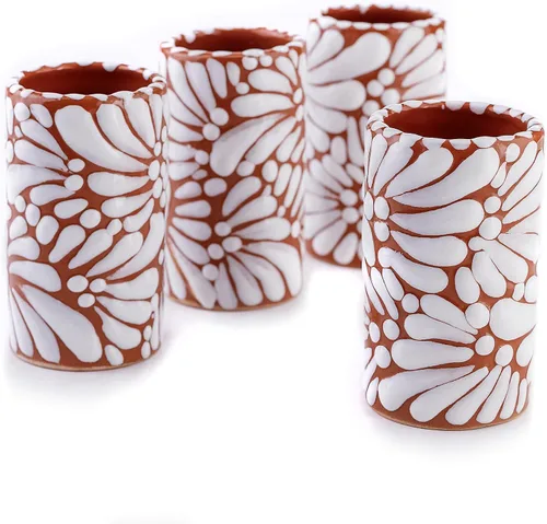 Miniatura 21 de Juego de 4 vasos de chupito Talavera auténticos mexicanos para tequila - Pintados a mano - 2 Oz (Flores naranjas)