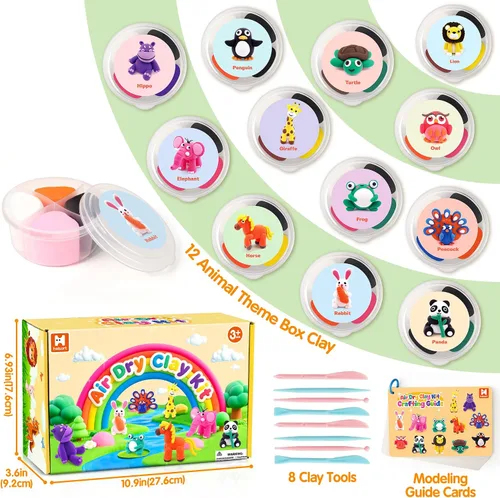 Miniatura 2 de Kit de arcilla de secado al aire para niños, 12 animales de arcilla para modelar con tarjetas tutoriales y video, 8 herramientas de escultura