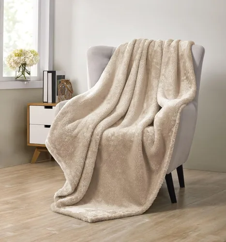 Manta suave de piel sintética, cálida y gruesa, mullida, de felpa peluda de lujo, manta decorativa y acogedora para sofá, cama, silla (beige)