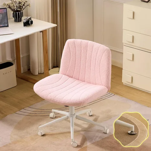VINGLI Silla de Patas Cruzadas, Silla de Escritorio de Oficina Ancha y Cómoda, Doble Uso con/sin Ruedas Silla de Trabajo para Computadora, Silla Rosa