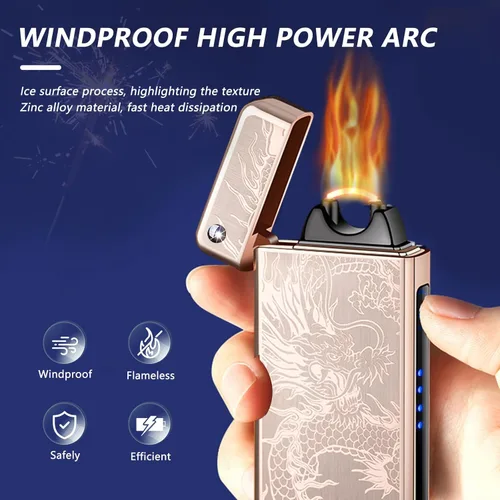 BABOBIU Encendedor de dragón único, encendedor recargable, resistente al viento, cuerpo de metal, pantalla de batería, botón de llama de arco