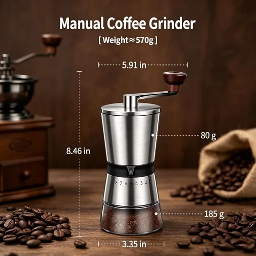 Miniatura 4 de Molinillo de café manual – 8 ajustes de grosor ajustables, molinillo de café de manivela, gran capacidad, molinillo de café de mano portátil