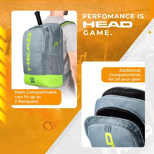 Miniatura 4 de HEAD Core Tennis Backpack - Holds 2 Racquets with Padded Adjustable Straps Sports Bag Gris/Amarillo
