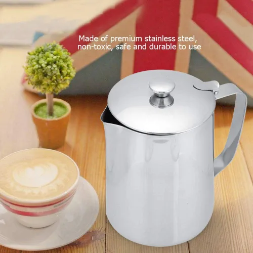 Miniatura 4 de Jarra de acero inoxidable de grado comercial para café, jarra de espuma de leche con tapa (11.8 fl oz)