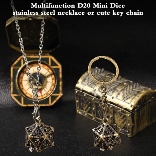 Miniatura 4 de Syhood Juego de dados pequeños, 7 piezas de dados pequeños de metal hueco D20, estuche para collar, llavero, juegos de mesa para juegos de rol