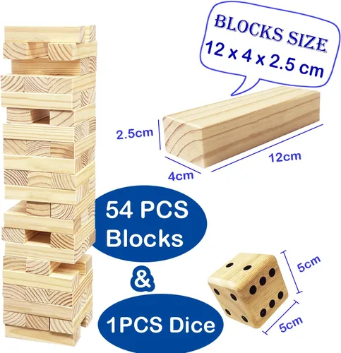 Miniatura 2 de Jac & Mok Tumble Tower - Juego de bloques de madera para apilar con bolsa de transporte (54 piezas de torre grande con dados)